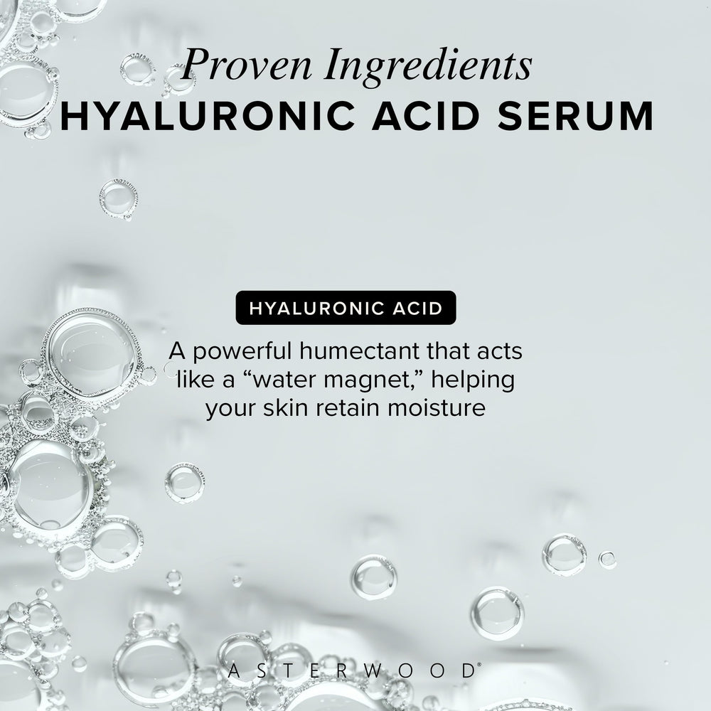 Asterwood serum texture in palm, shows lightweight absorption and plumping benefit