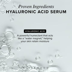 Asterwood serum texture in palm, shows lightweight absorption and plumping benefit