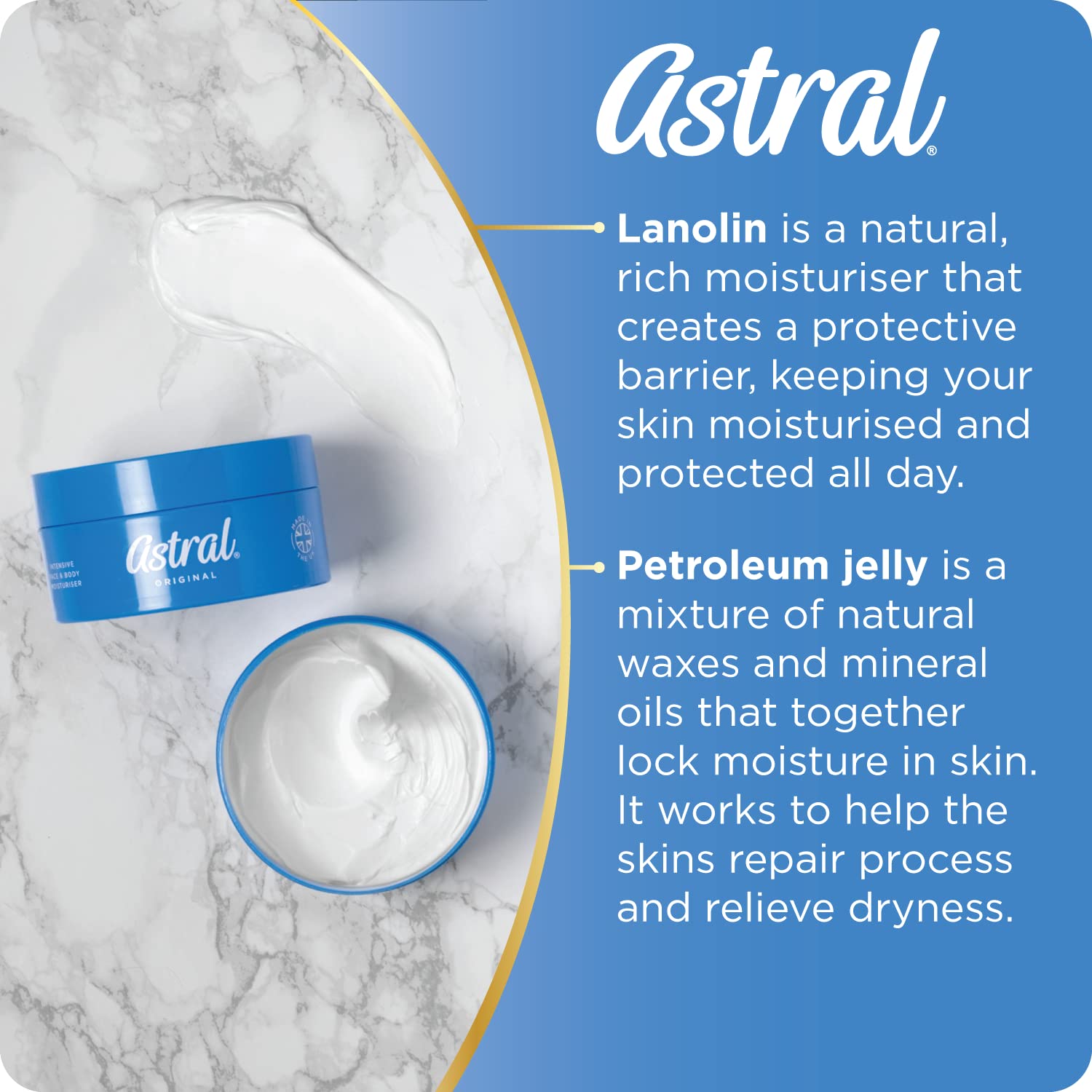 Astral cream texture close-up illustrating smooth spreadability and nourishment