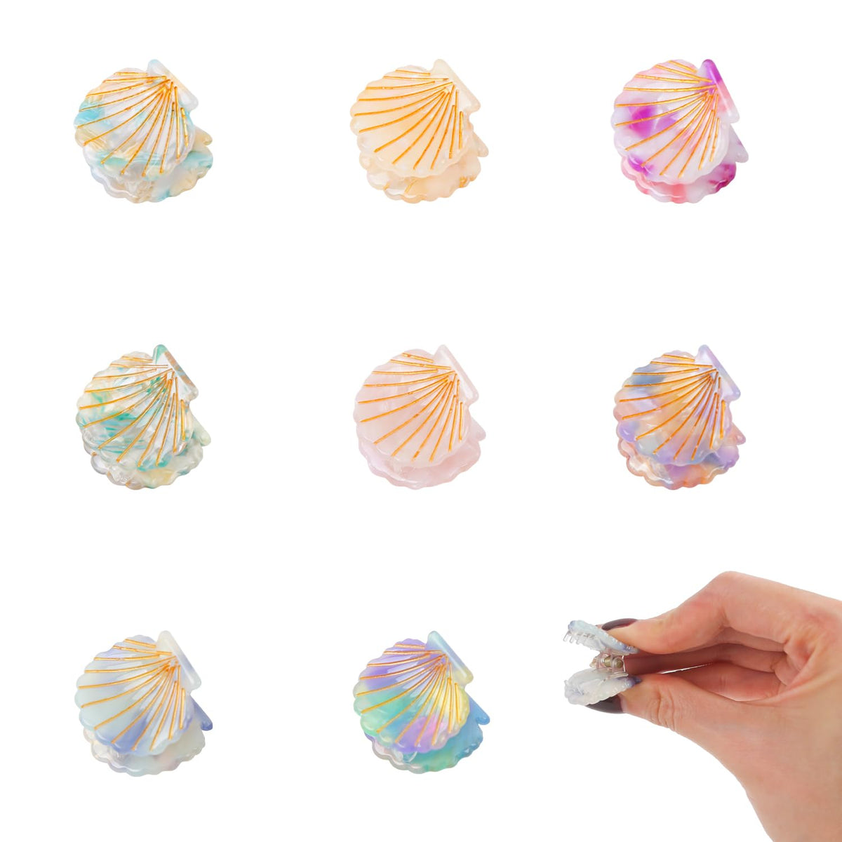 ASUNFO front view of eight colorful seashell clips showing variety and convenience