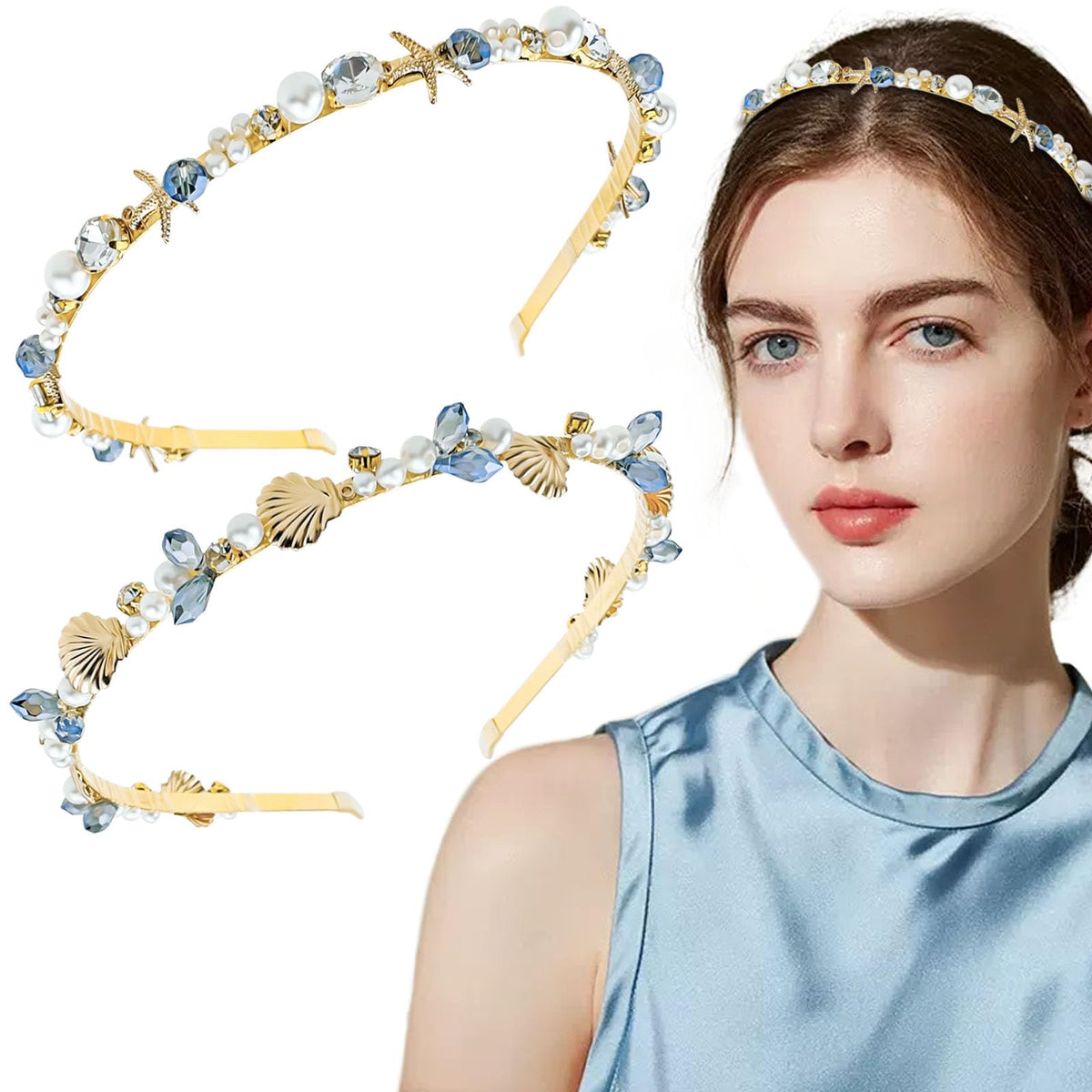 Aswewamt front view of both headbands showing seashell and starfish accents for elegant styling