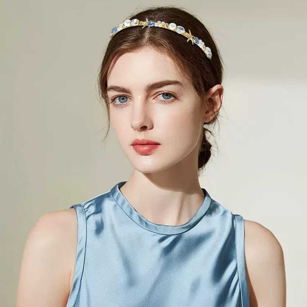 Aswewamt model wearing headband on beach showcasing photogenic bridal or vacation look