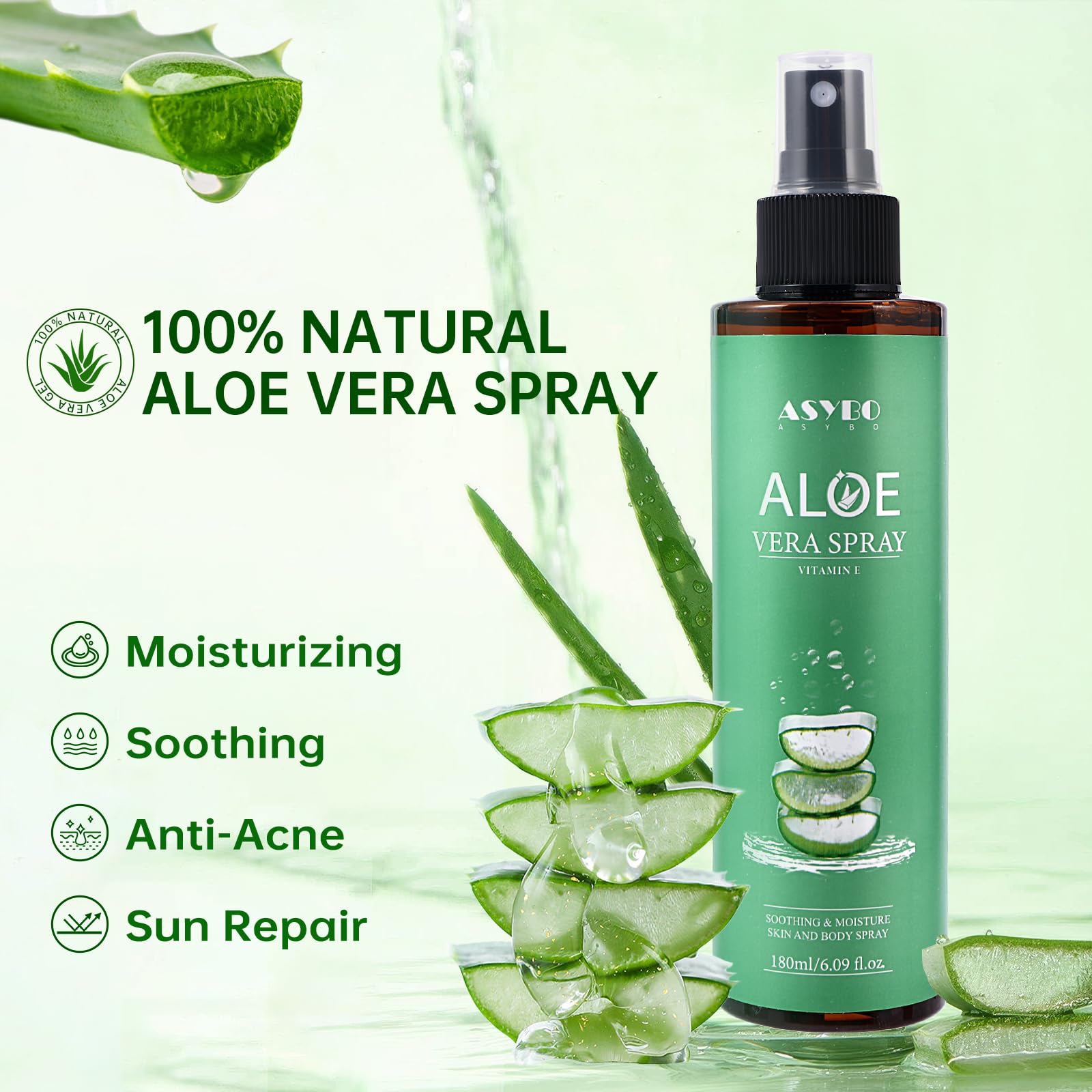ASYBO close-up mist spraying onto skin for fast hydration