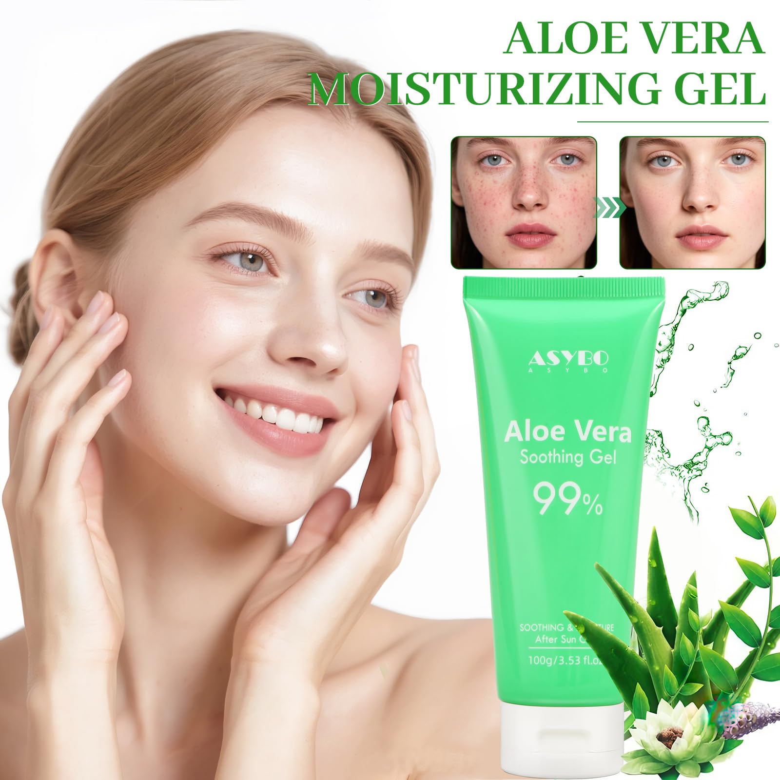 ASYBO applying gel to face to soothe and hydrate irritated skin quickly