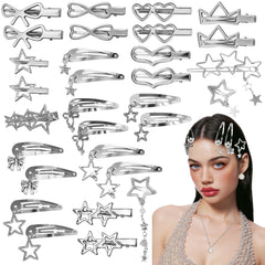 ATCCPYDM front view of 30 silver Y2K hair clips showing variety and value