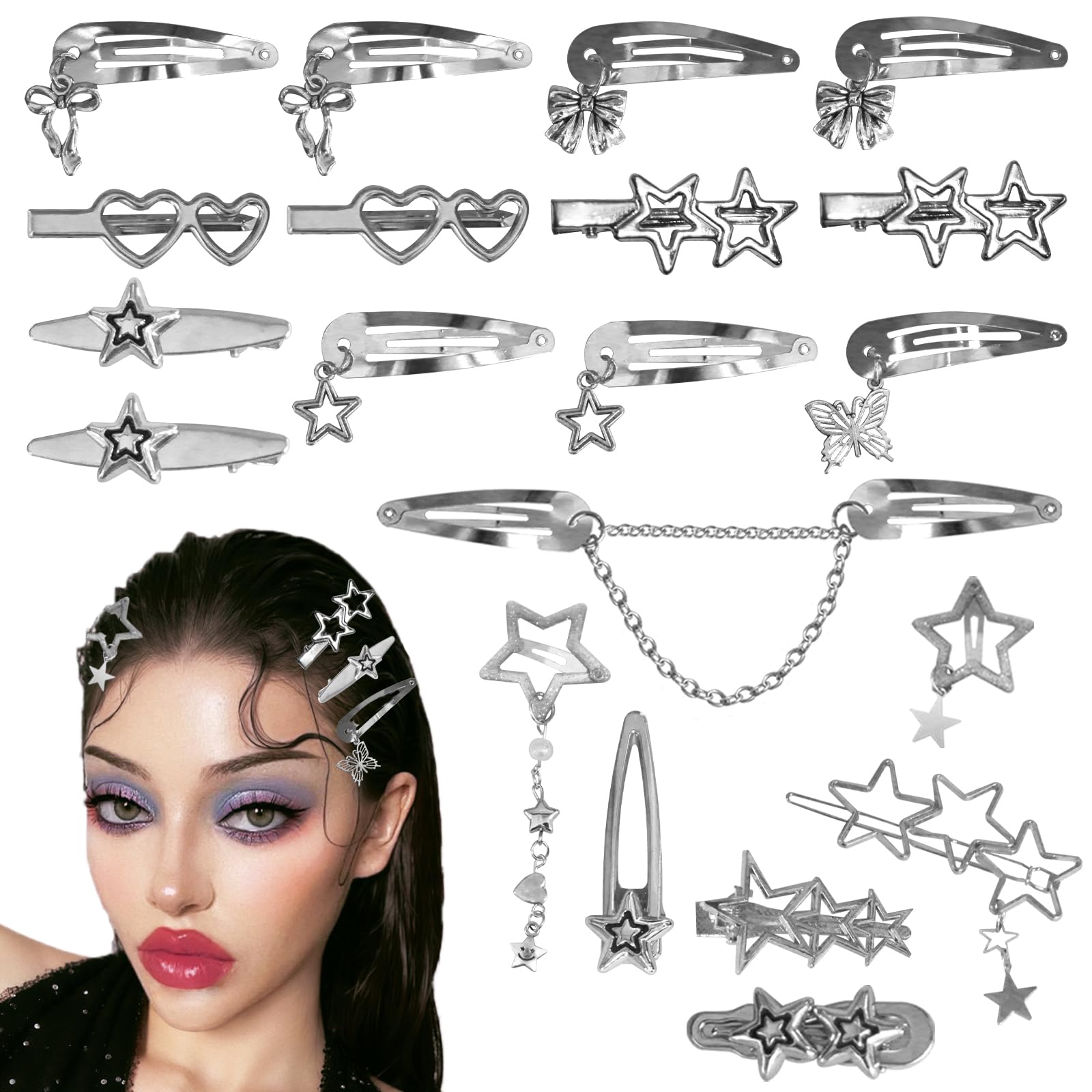 ATCCPYDM front set arrangement showing 20 silver Y2K hair clips for styling
