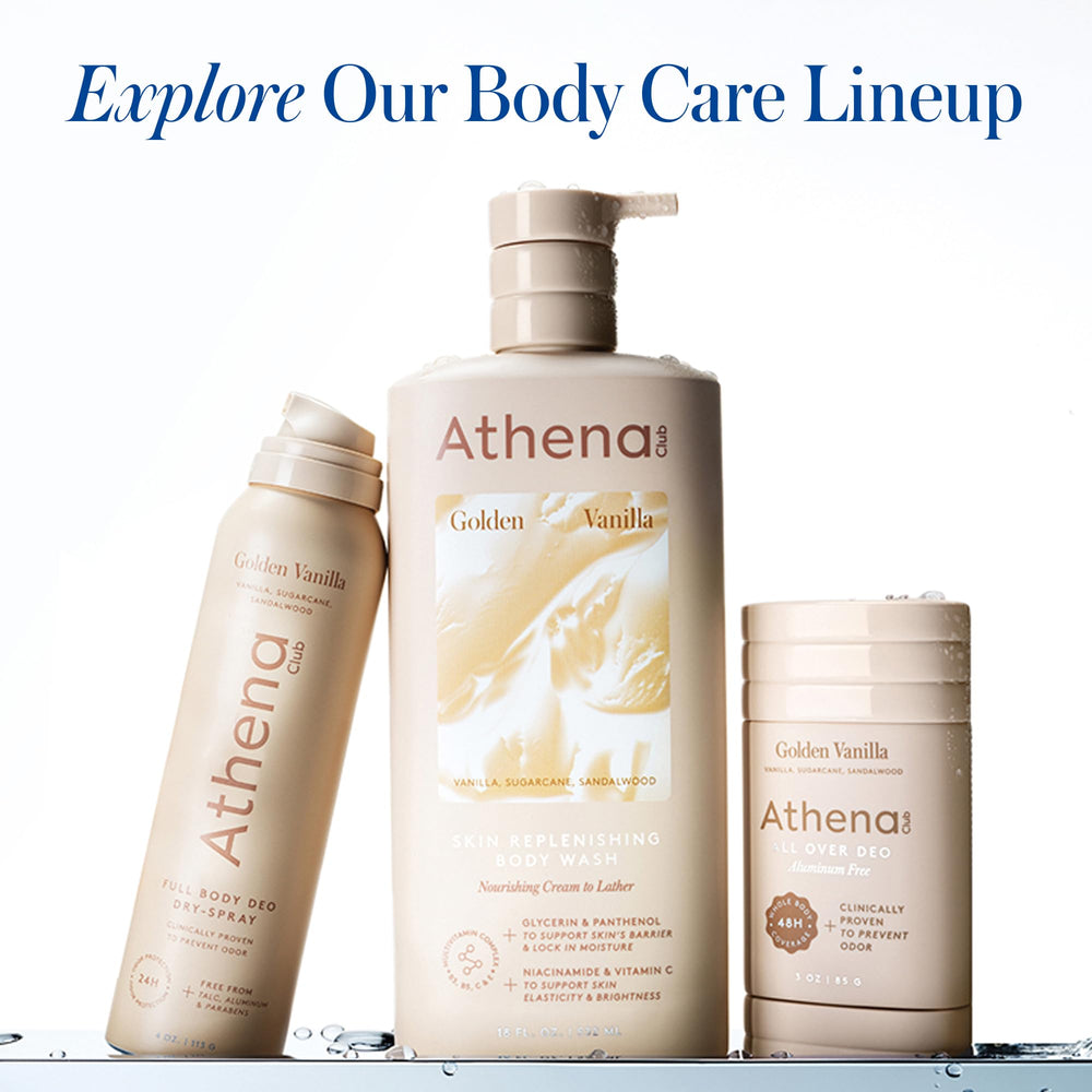 Athena Club bottle on shower shelf conveying daily routine convenience