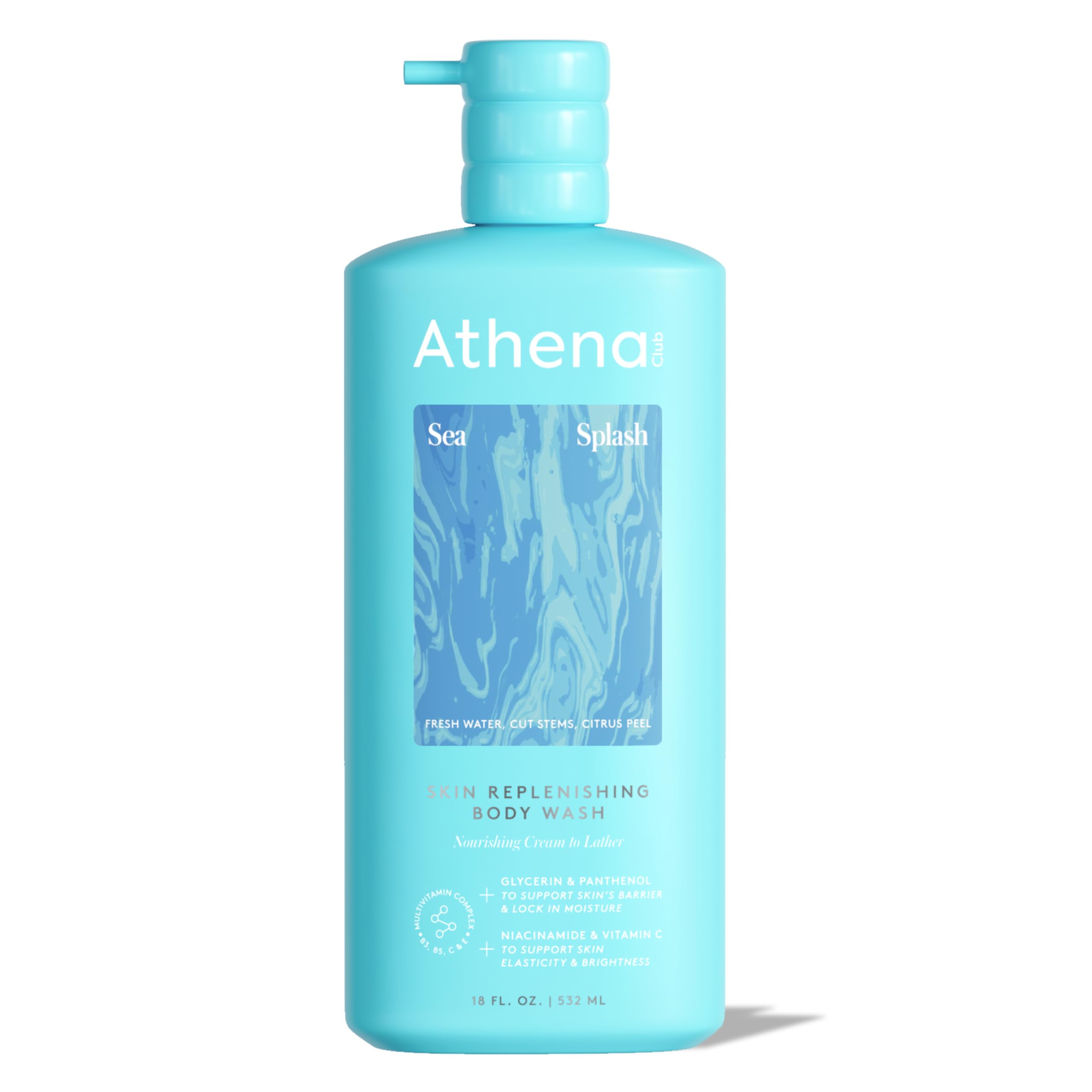 Athena Club front packaging showing bottle and moisturizing benefits