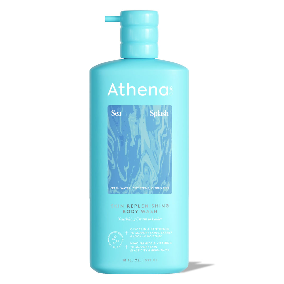 Athena Club front packaging showing bottle and moisturizing benefits