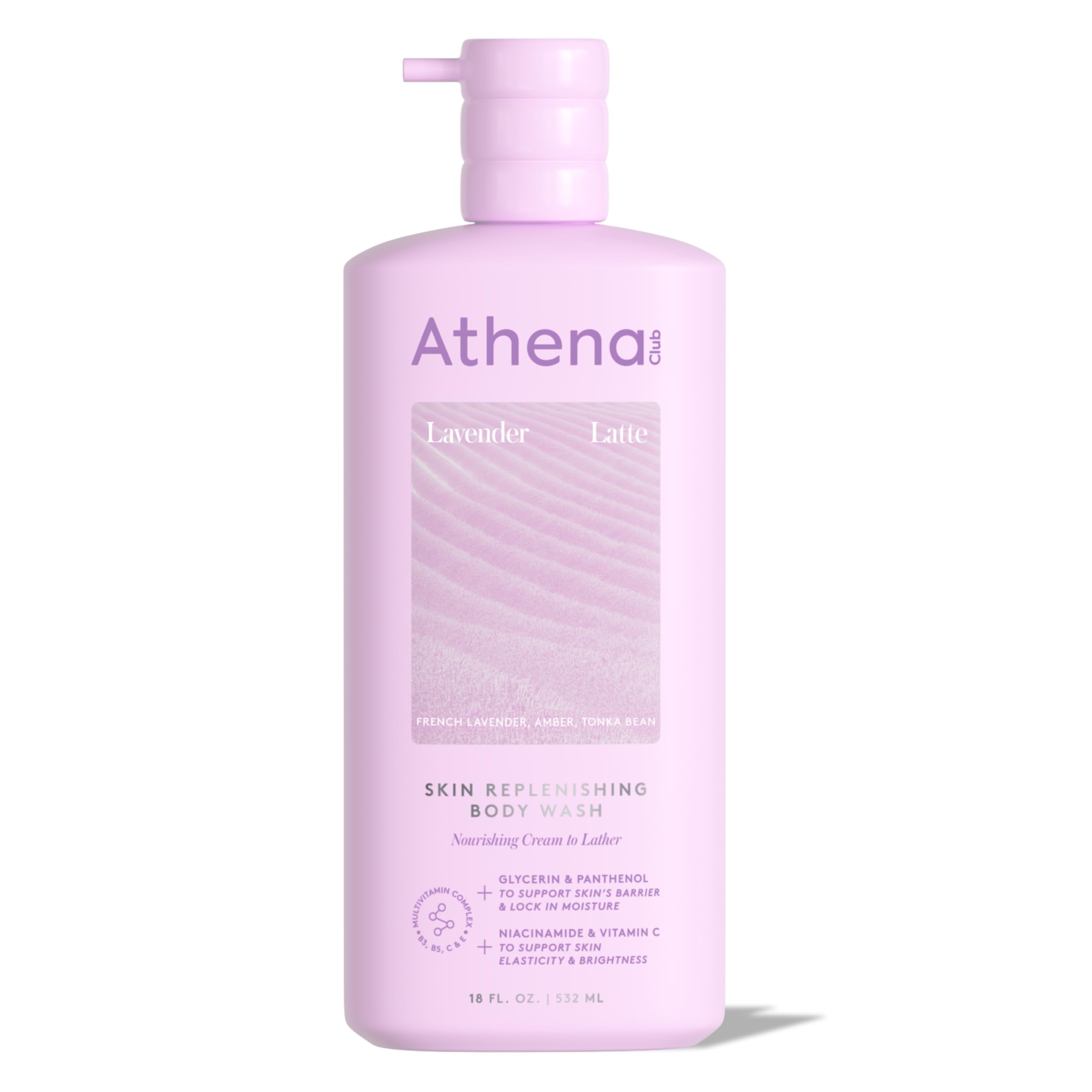 Athena Club front packaging showing bottle and Lavender Latte scent benefit