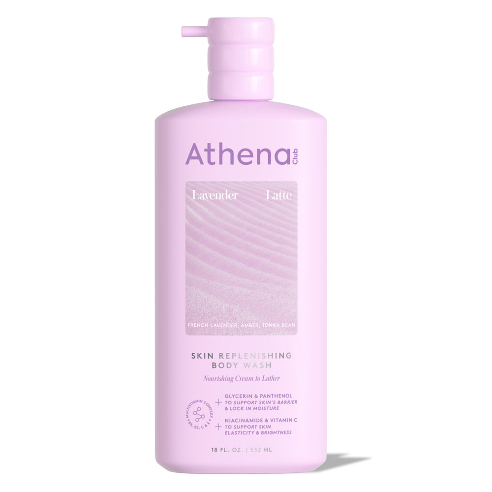 Athena Club front packaging showing bottle and Lavender Latte scent benefit
