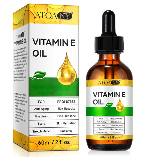 ATOANY front bottle showing pure vitamin E oil packaging and clear benefits