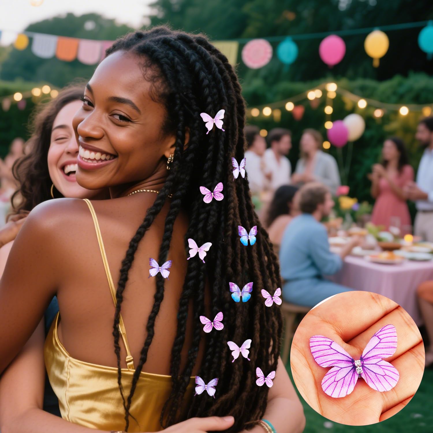 Atoden braided hair with multiple butterfly accents for festive styling