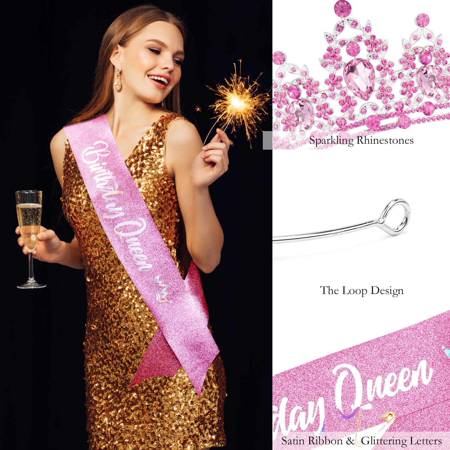 Atoden crown on model birthday portrait conveying wearable glamour benefit