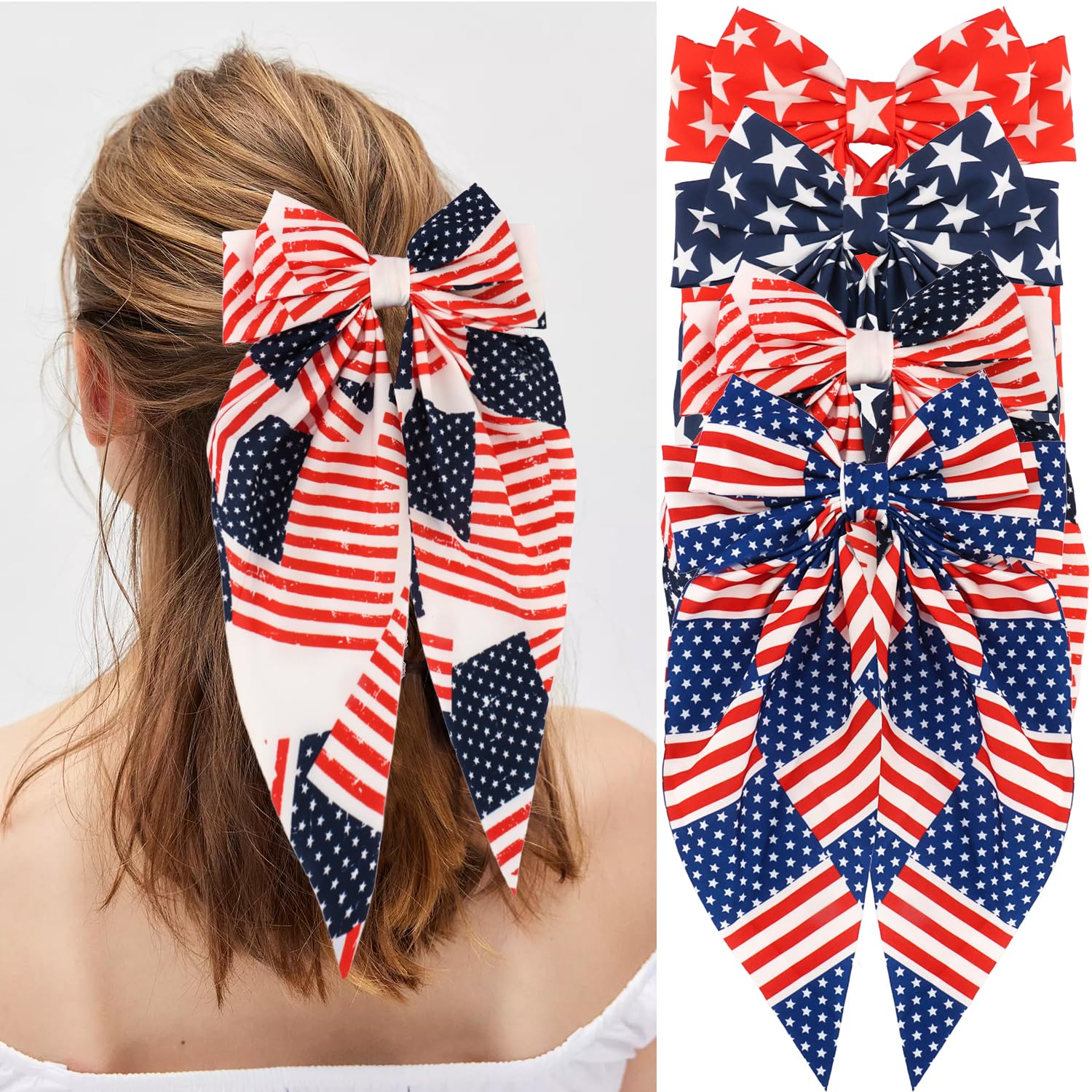Atoden front view of red white blue flag bow showing patriotic design and bold look