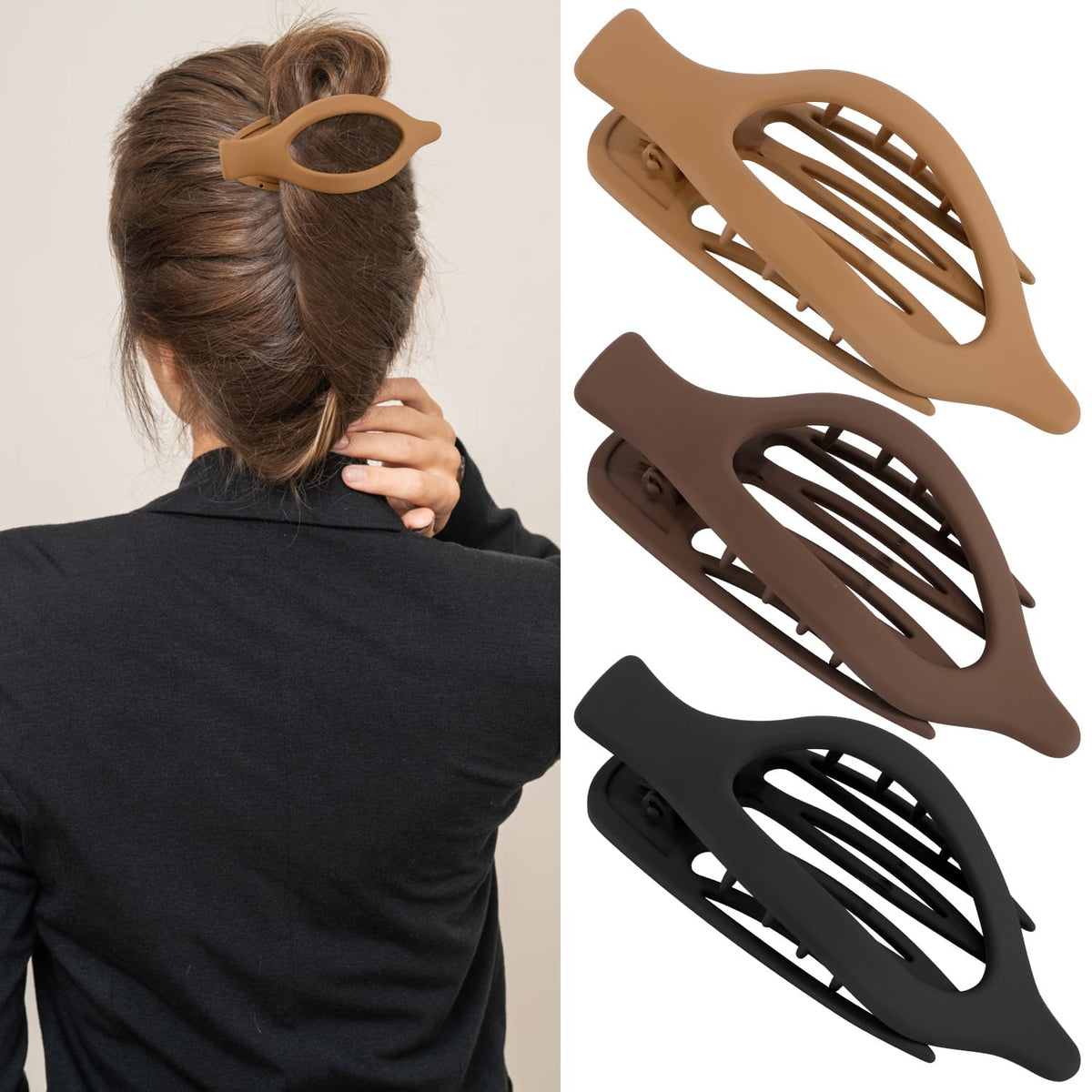 Atoden flat hair clip front view showing matte finish and low profile for comfort