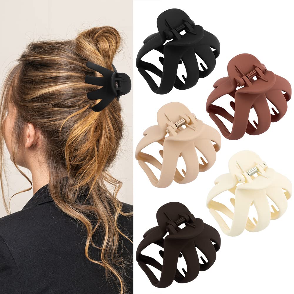 Atoden front view of five matte octopus hair clips showing colors and size benefit