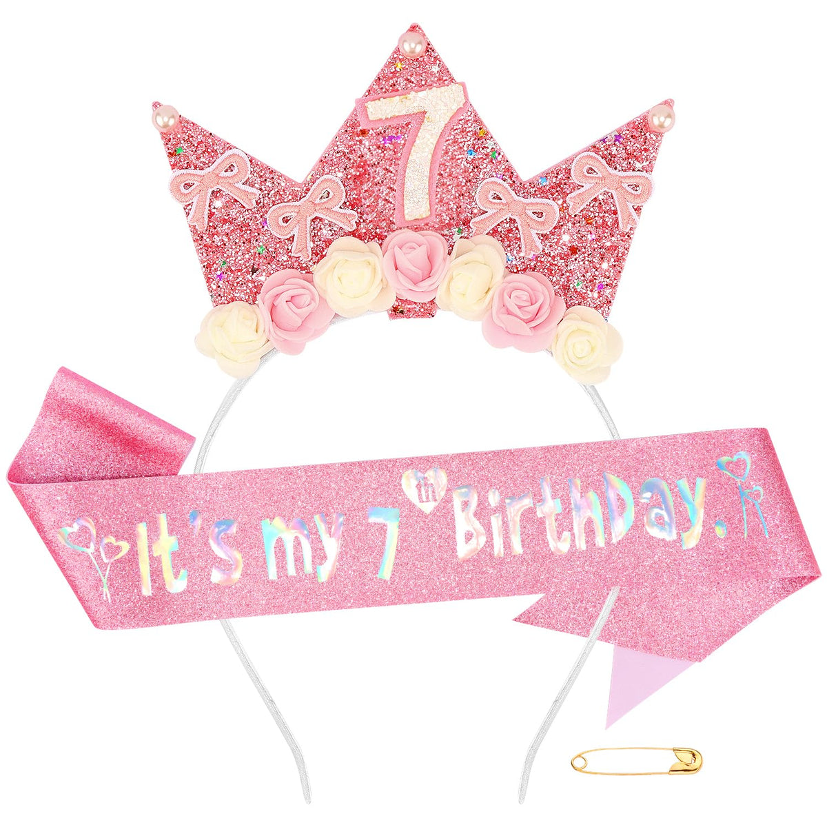 Atoden headband and sash front view showing coordinated birthday look and festive charm