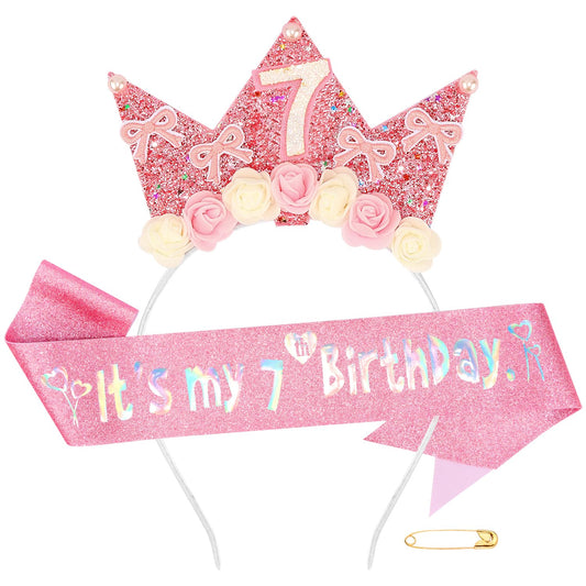Atoden headband and sash front view showing coordinated birthday look and festive charm