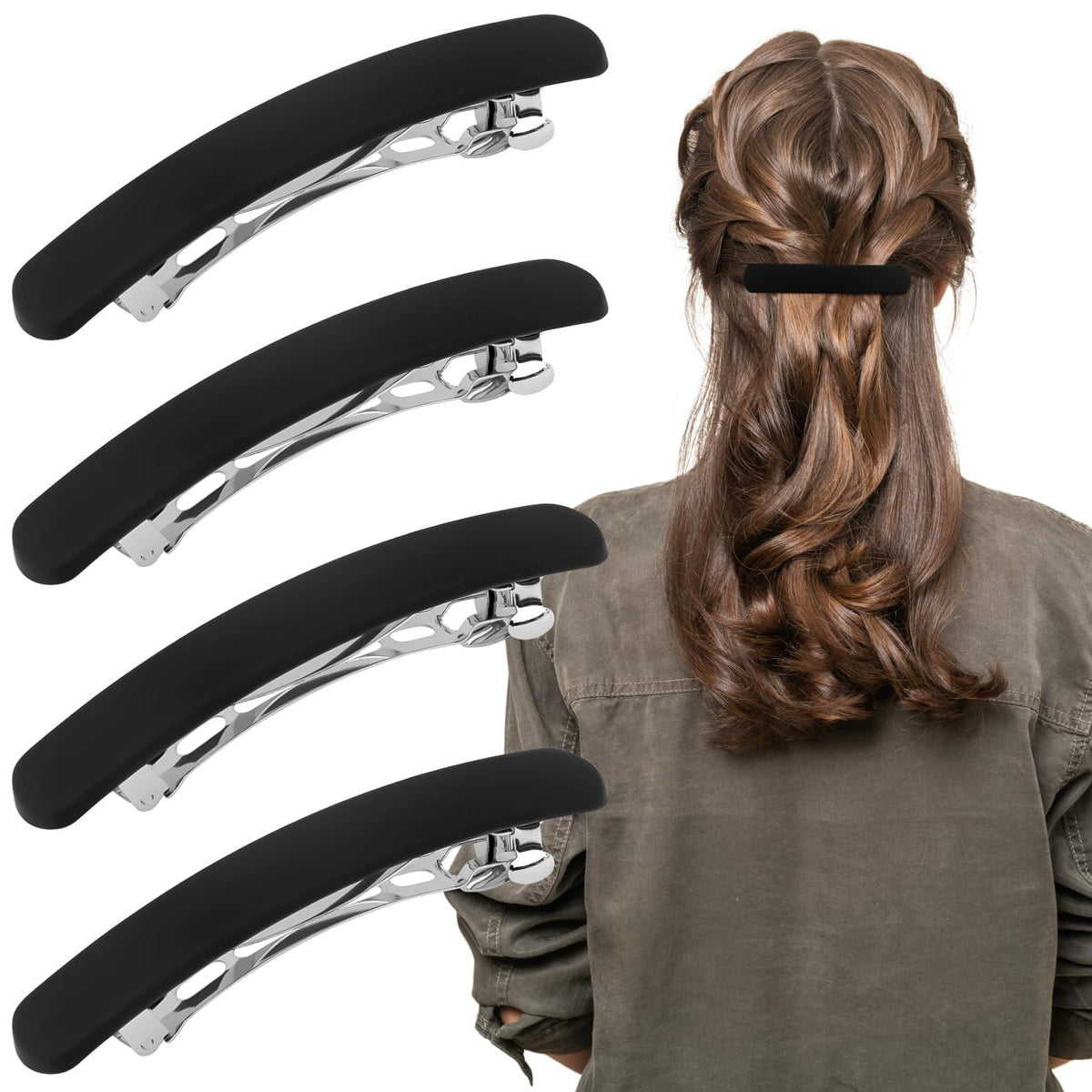 Atoden front view of four matte black barrettes showing slim profile and neat hold