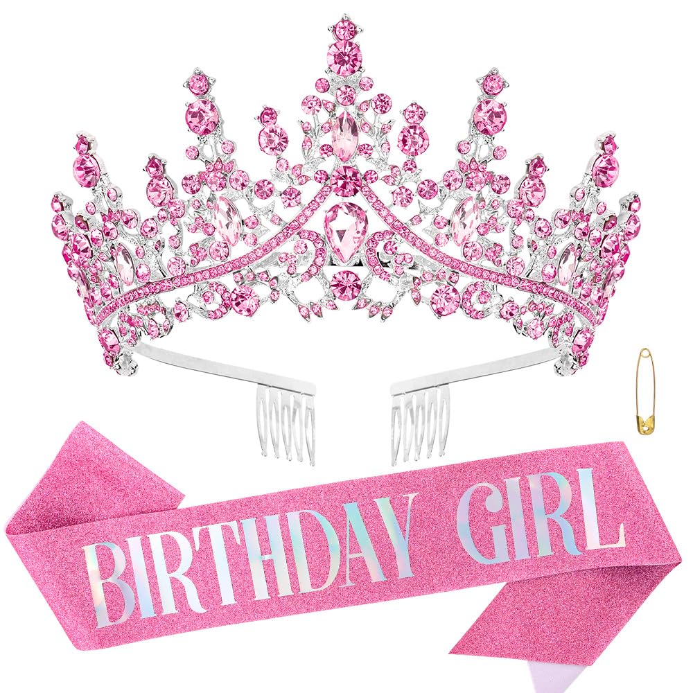 Atoden pink tiara front view shows sparkling rhinestones and elegant silhouette