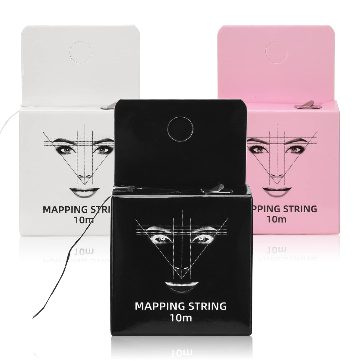 ATOMUS front packaging showing three pre-inked eyebrow strings, professional organization benefit