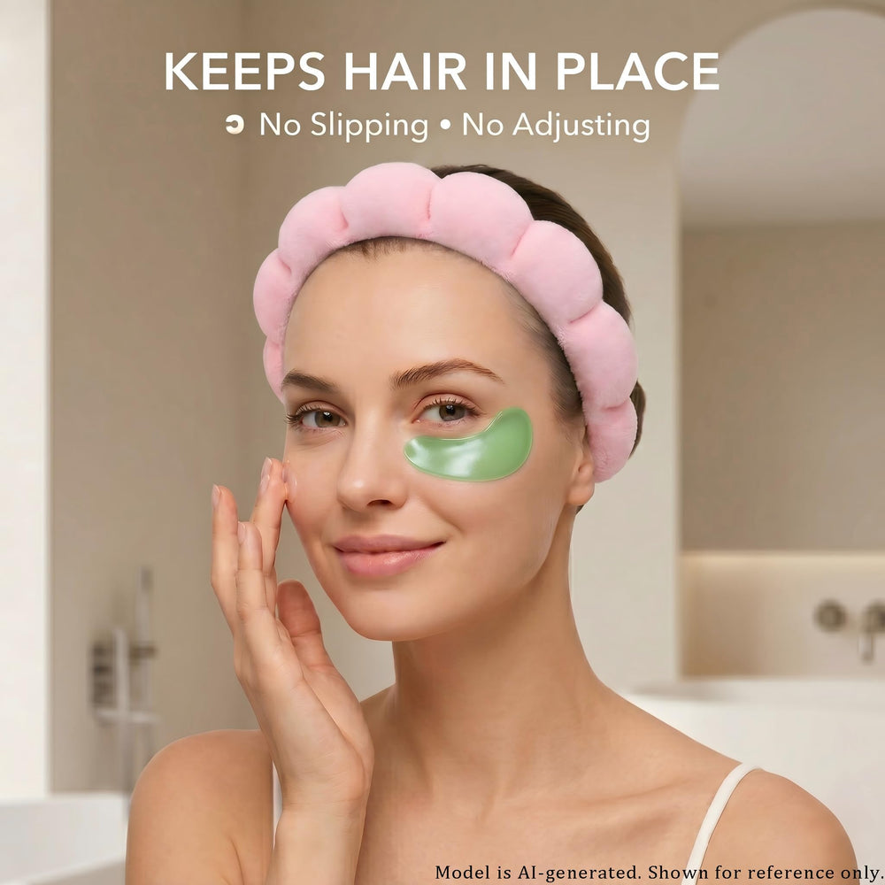 ATROCH headband worn by user at sink keeping hair back for easier cleansing