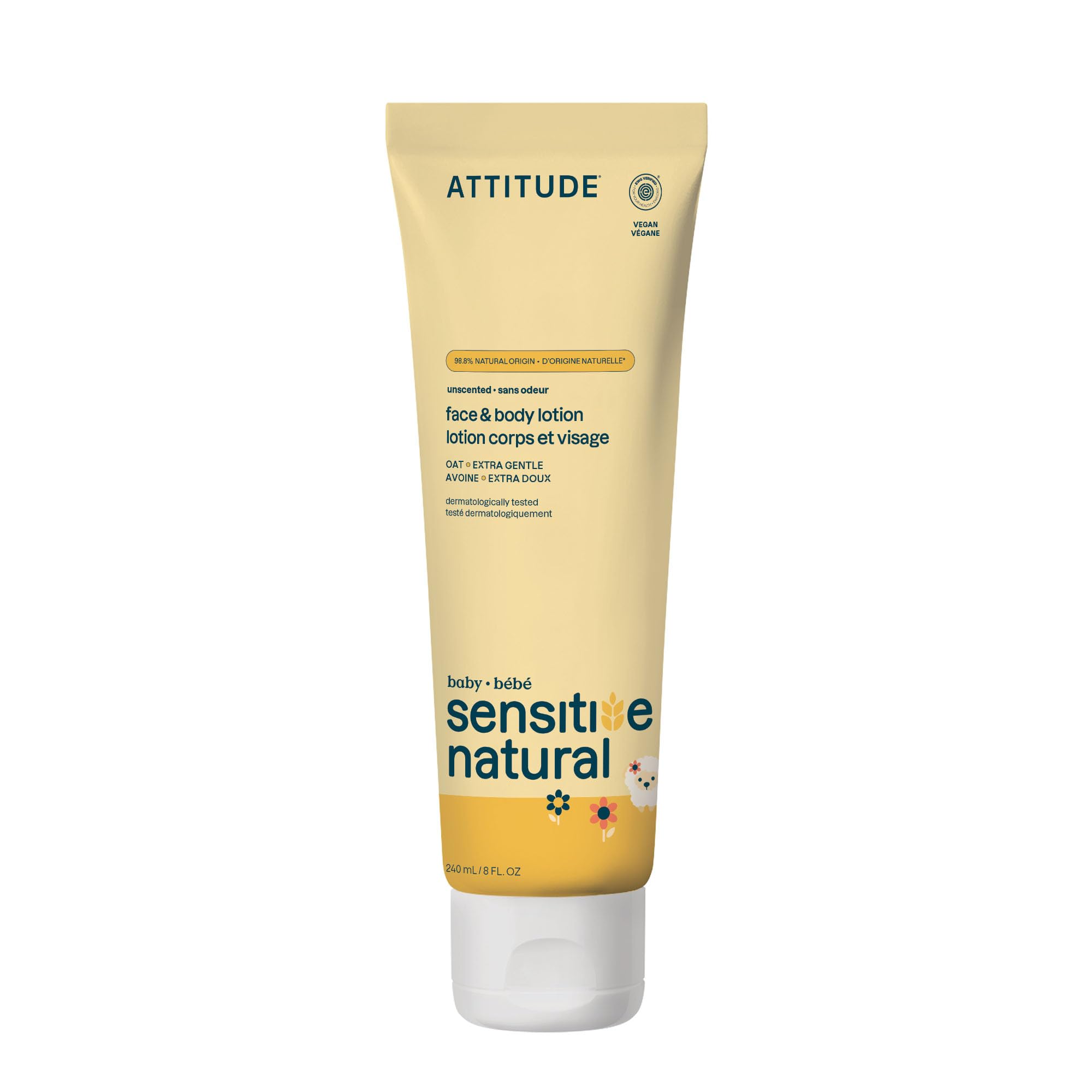 ATTITUDE front label showing unscented baby lotion and benefits