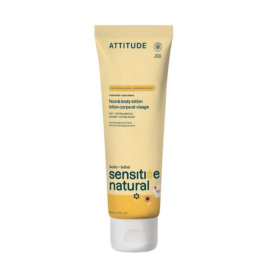 ATTITUDE front label showing unscented baby lotion and benefits