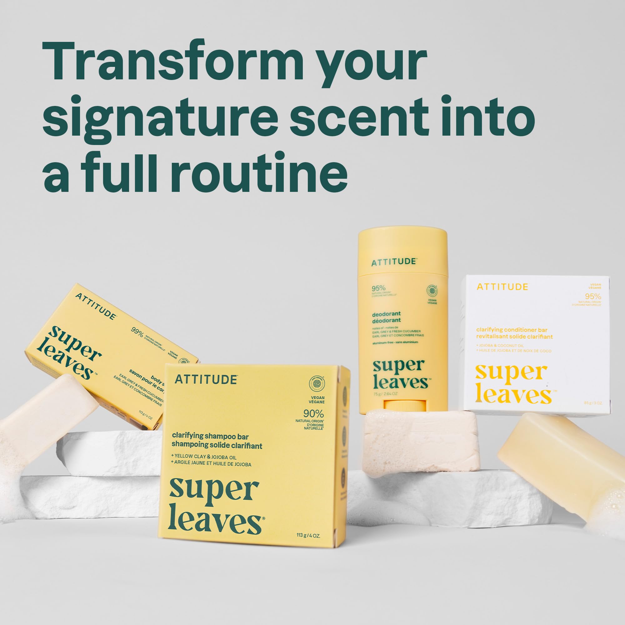 ATTITUDE bar on bathroom shelf in lifestyle setting promoting low-waste routine