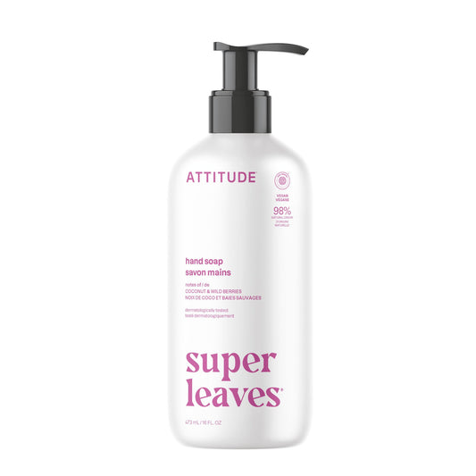 BIO SPECTRA ATTITUDE front bottle showing coconut and wild berries scent benefit: clean hands