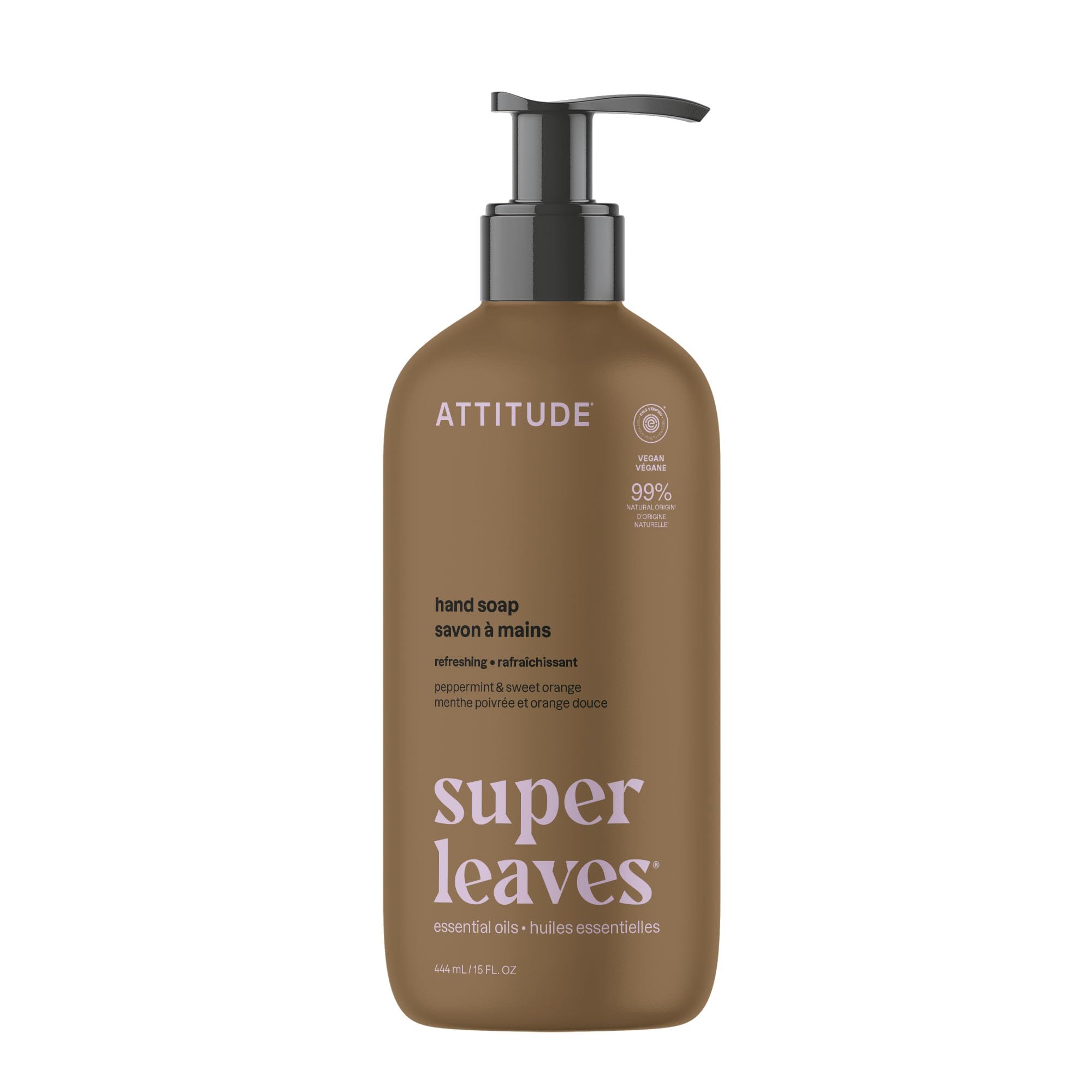 ATTITUDE front bottle shot showing peppermint and sweet orange packaging and clean formula benefit