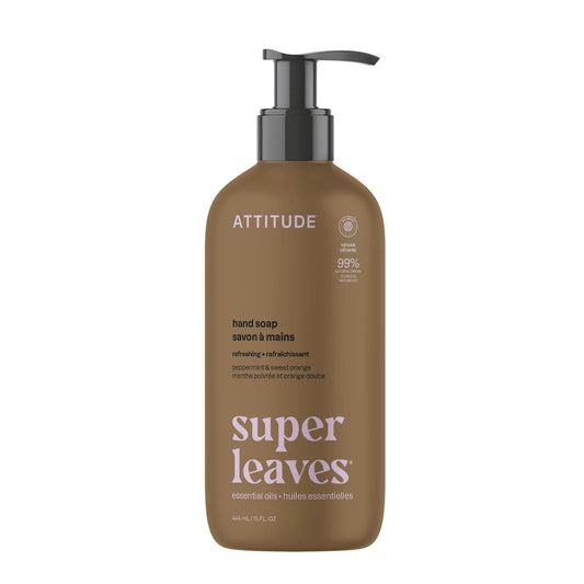 ATTITUDE front bottle shot showing peppermint and sweet orange packaging and clean formula benefit