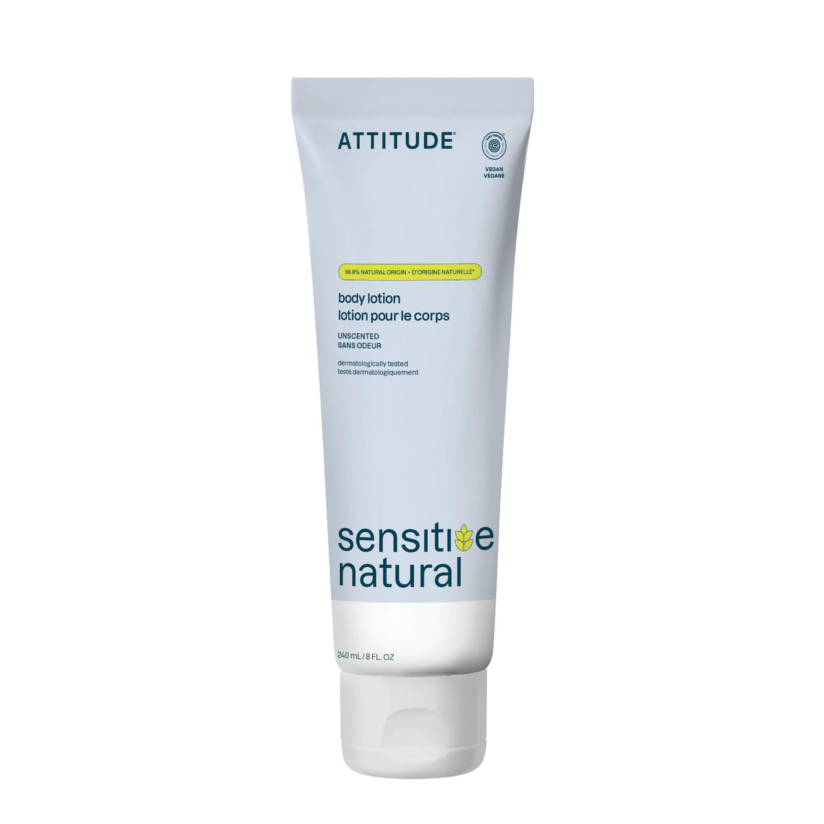 ATTITUDE front packaging showing unscented lotion and clean-label benefit
