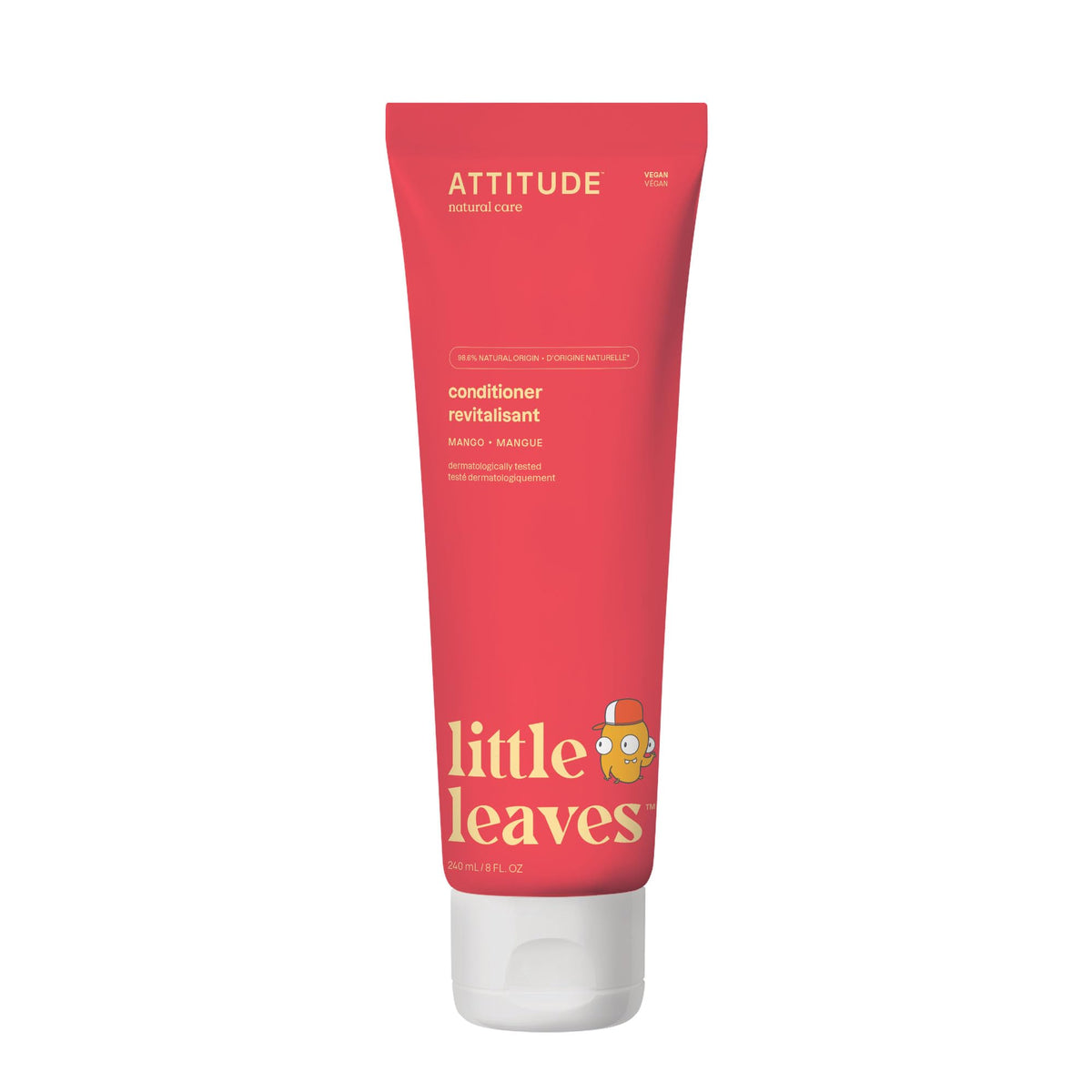 ATTITUDE kids conditioner front packaging shows bottle and mango scent benefit
