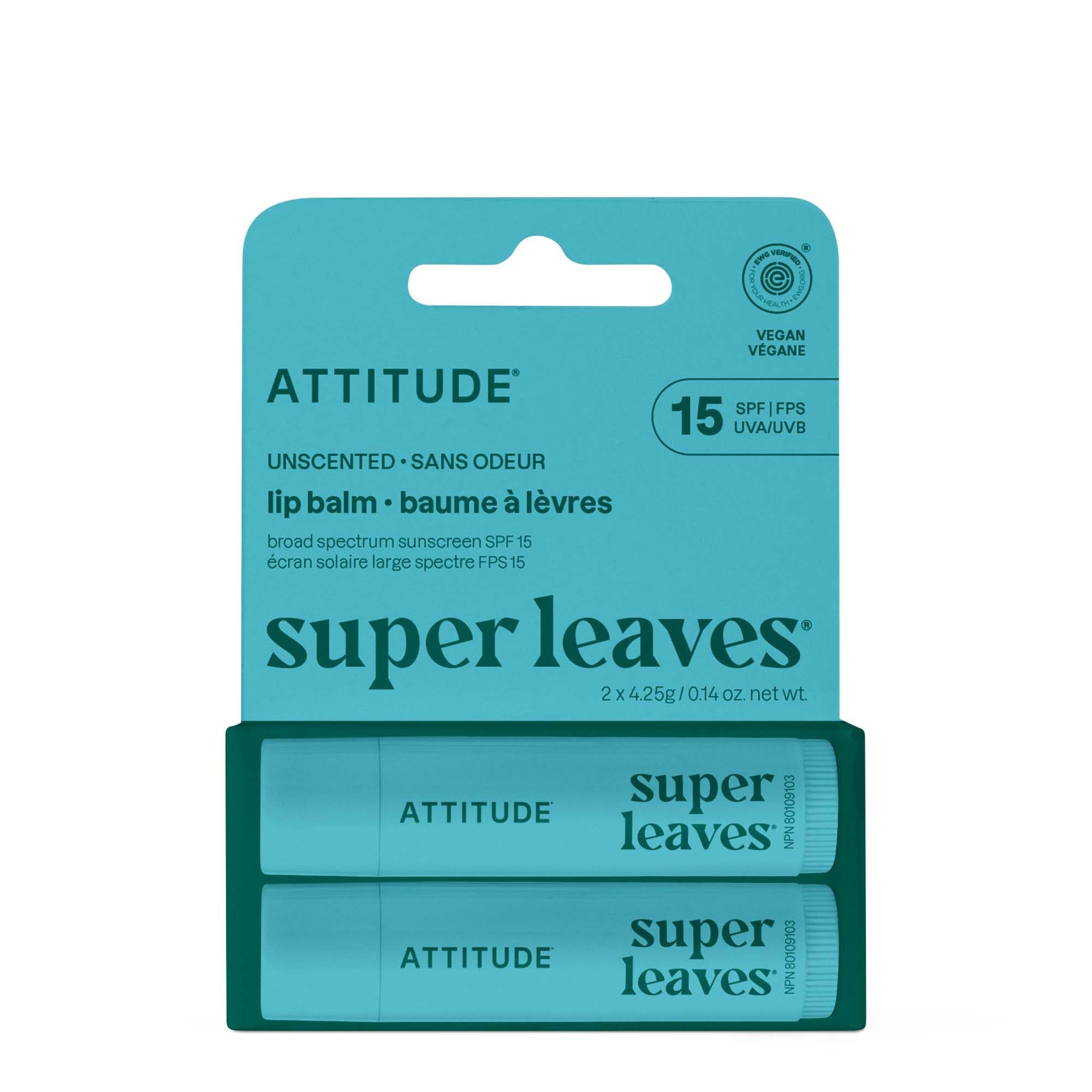 ATTITUDE lip balm front packaging showing two tubes and SPF benefit