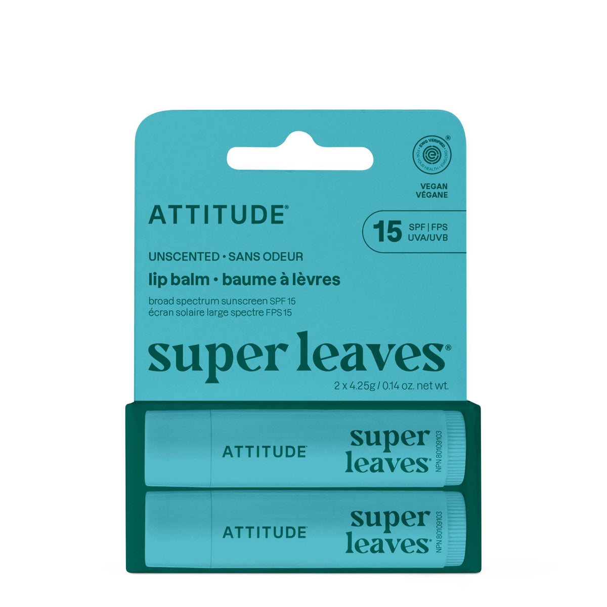 ATTITUDE lip balm front packaging showing two tubes and SPF benefit