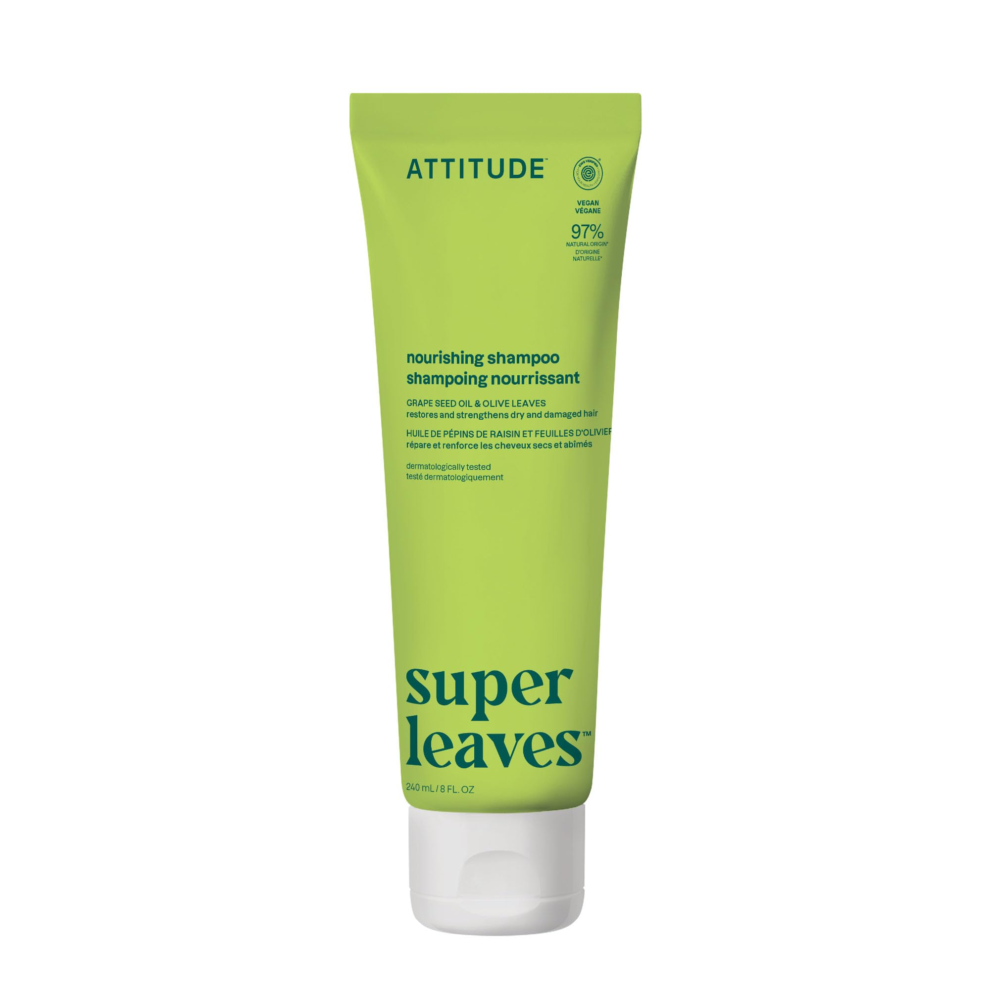 ATTITUDE front bottle view showing nourishing shampoo and clean formulation benefits