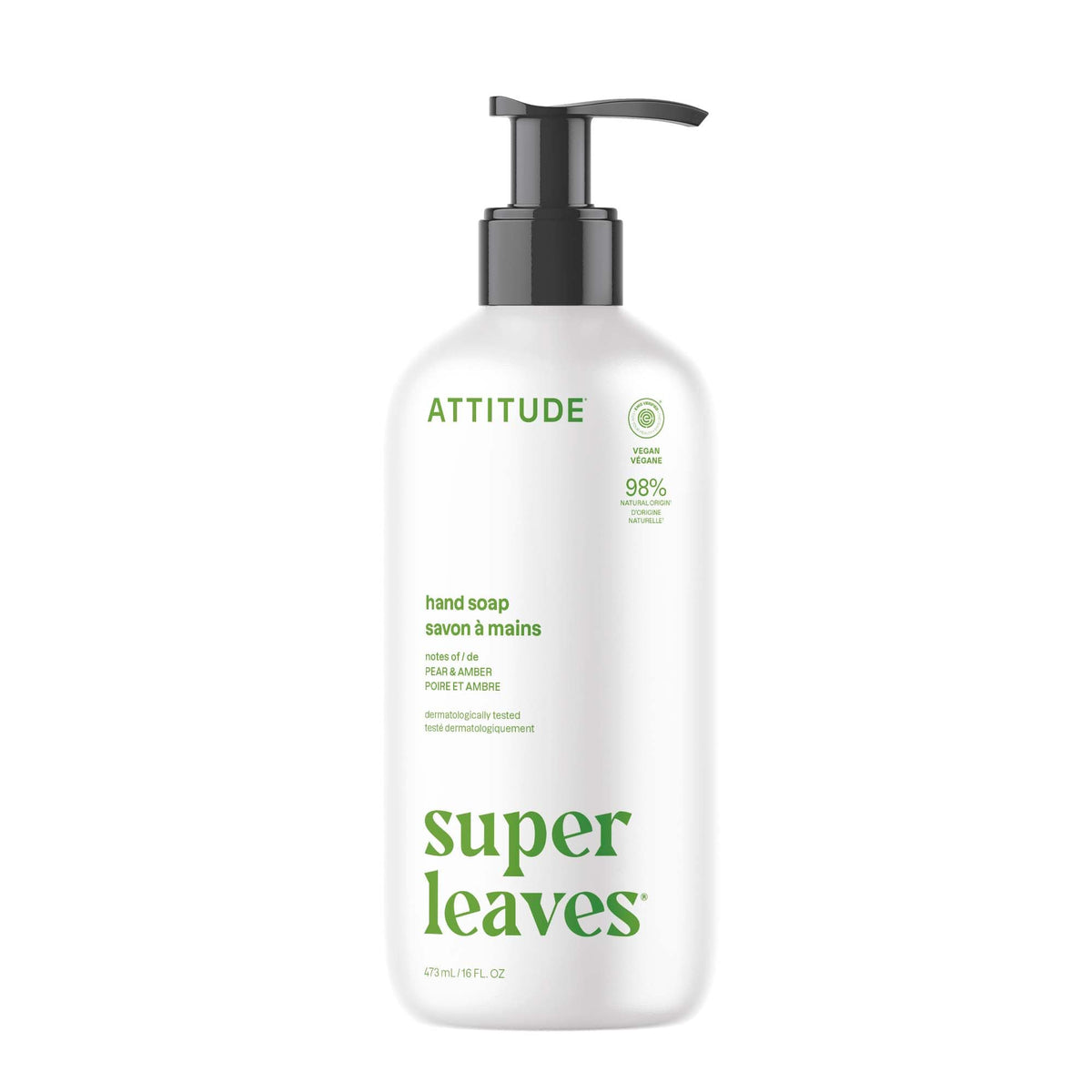 BIO SPECTRA ATTITUDE front bottle showing pear amber scent and recyclable benefit