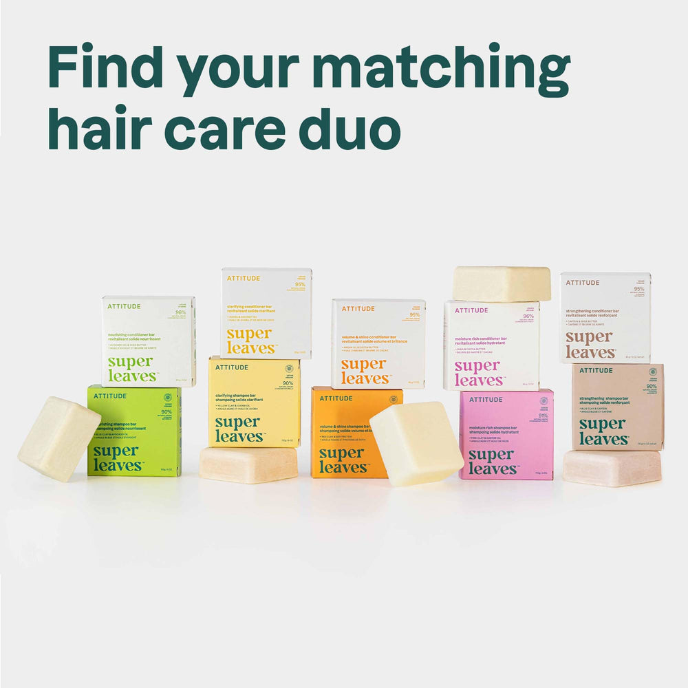 ATTITUDE shampoo bar on bathroom shelf illustrating eco-friendly routine