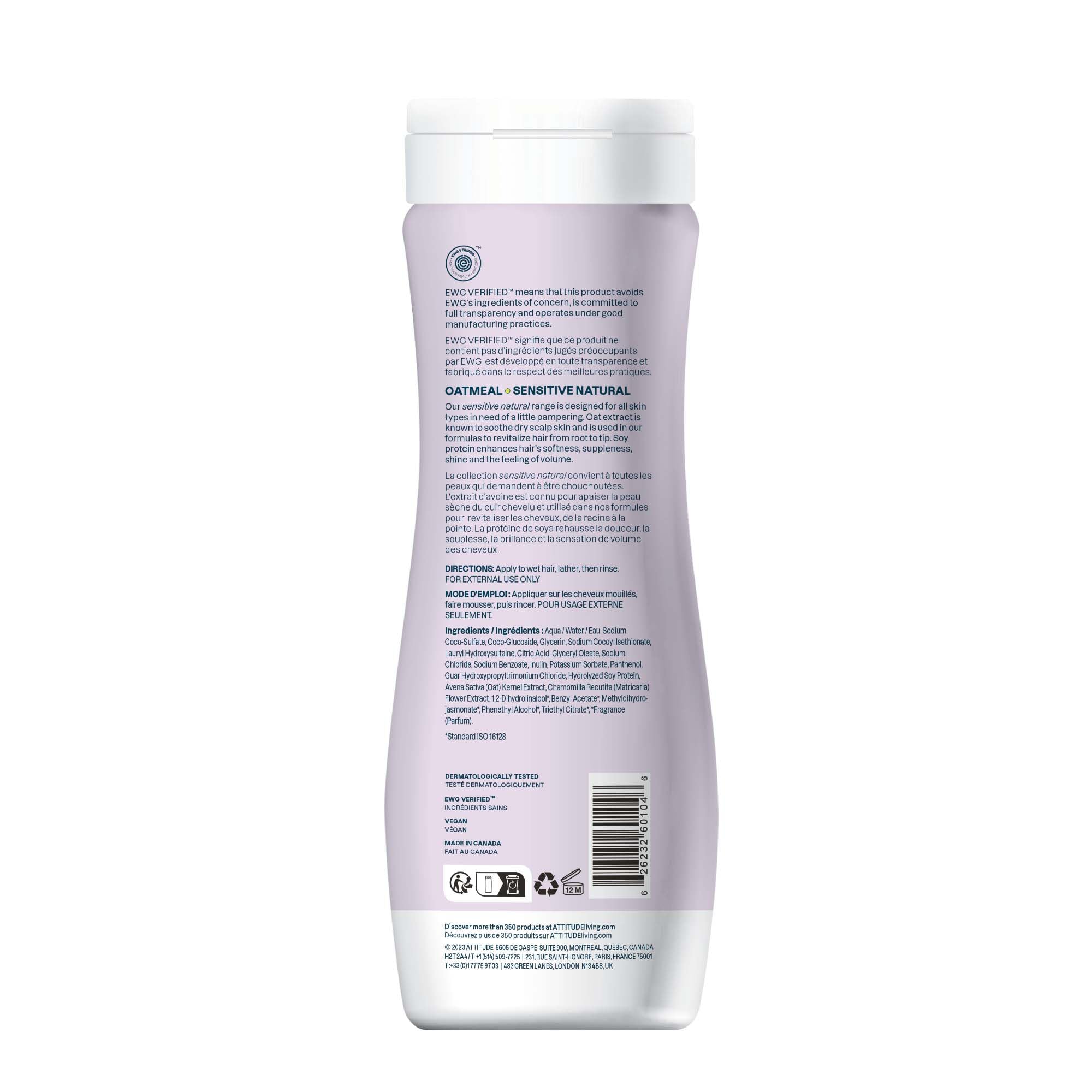 BIO SPECTRA ATTITUDE shampoo label and ingredient list emphasizing natural, EWG-verified benefit