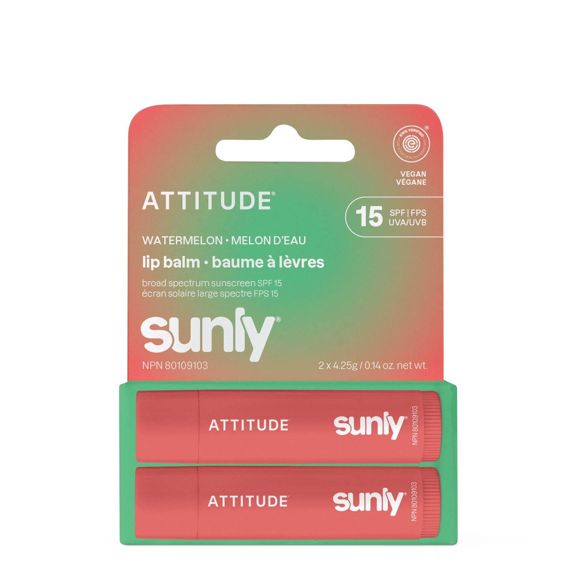 ATTITUDE front packaging showing two SPF 15 sticks and benefits