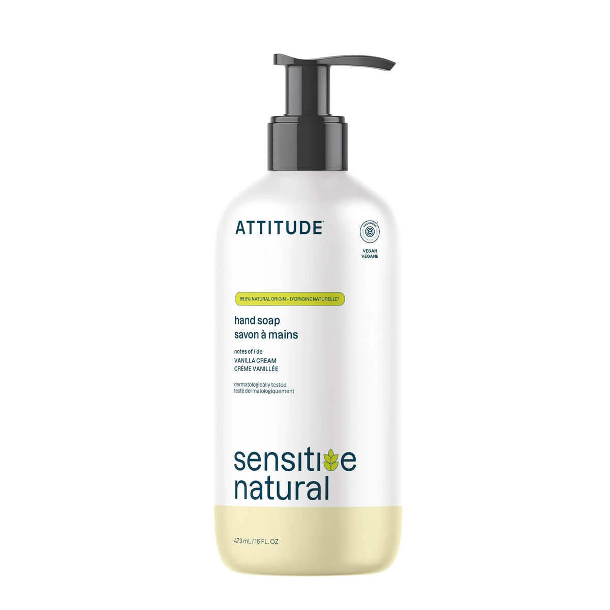 ATTITUDE front bottle view showing vanilla cream hand soap and benefits