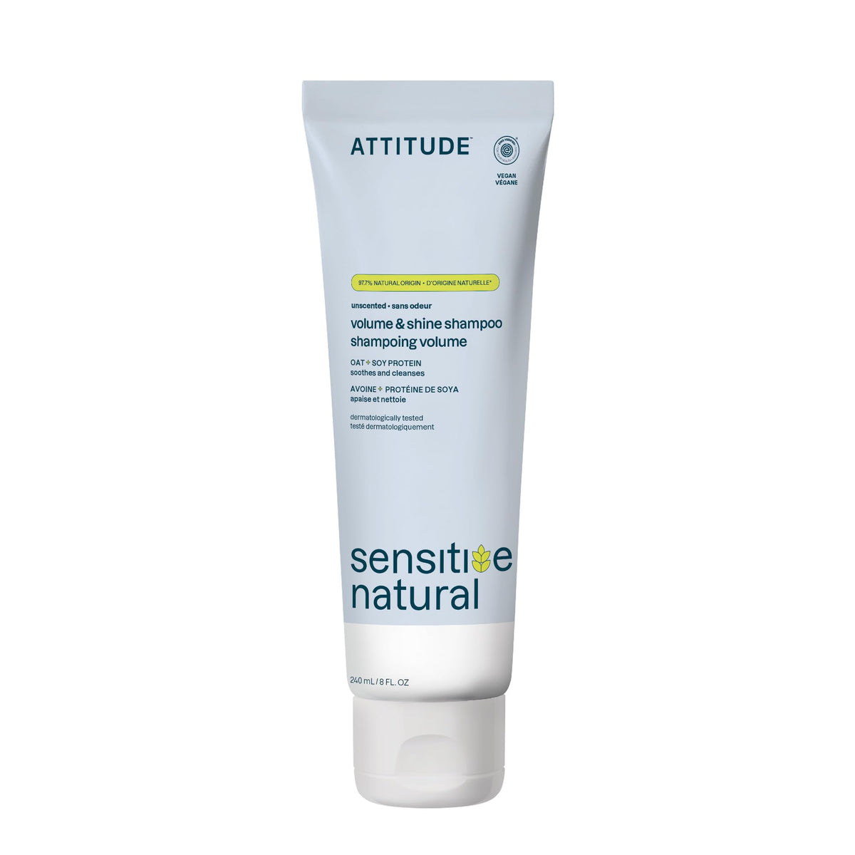 ATTITUDE front packaging showing unscented volumizing shampoo and benefit of gentle care