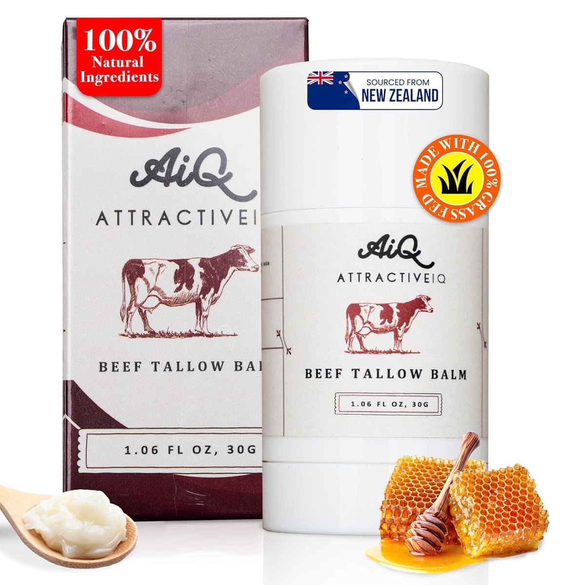 AttractiveIQ front packaging of tallow balm stick showing label and compact size for easy travel
