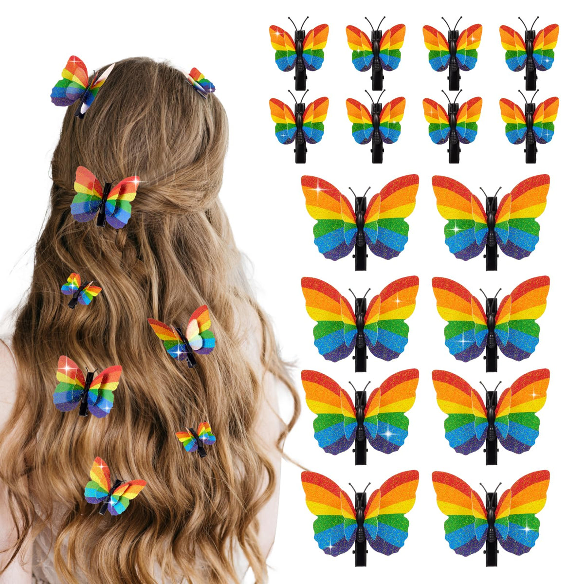 Attyxfica front display of 16 rainbow butterfly clips, bright parade-ready accessory