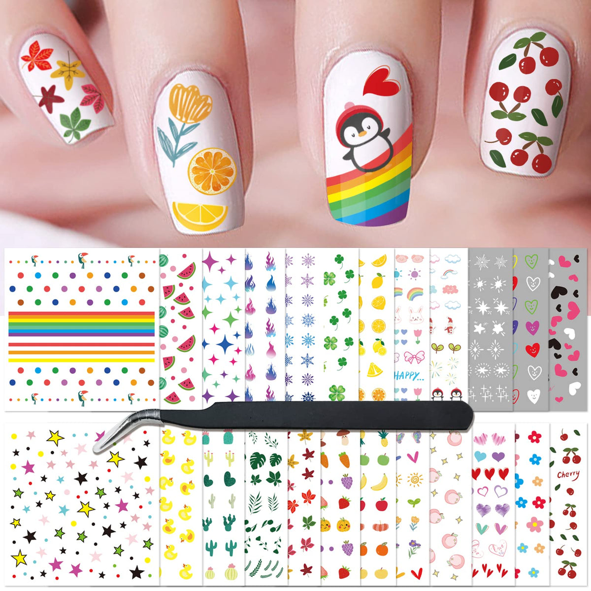atydkug front packaging showing 24 colorful sticker sheets and included tweezers for convenience