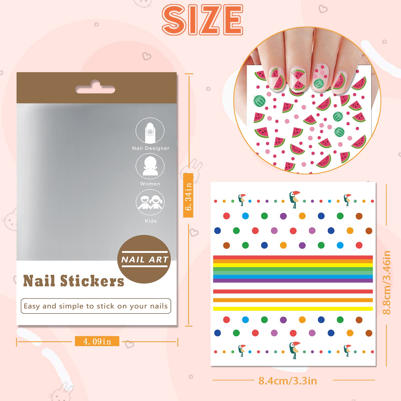 atydkug hand holding sheet for scale illustrating sticker sizes suitable for tips and full nails