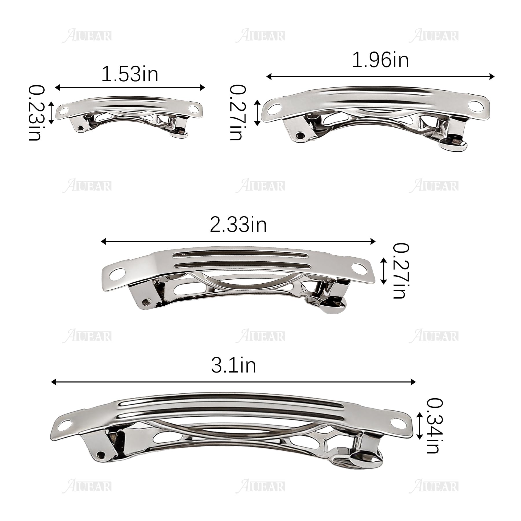 AUEAR arranged clips by length comparing the four included sizes, helpful for choosing