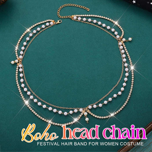 Aukmla forehead close-up highlighting pearls and rhinestones for delicate sparkle